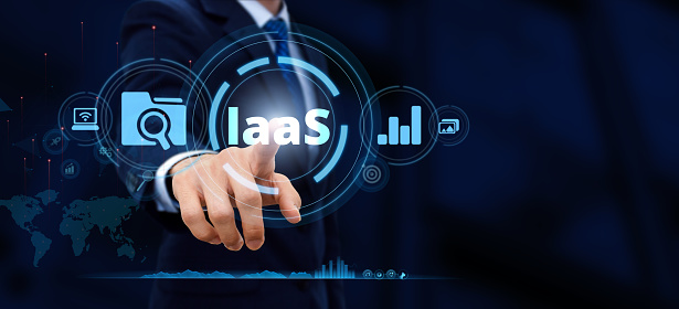Hand Touching icon on interface laaS, Elevating Internet Technology. Infrastructure as a Service (IaaS) in Virtual Networking and Application Platforms on the Digital Screen