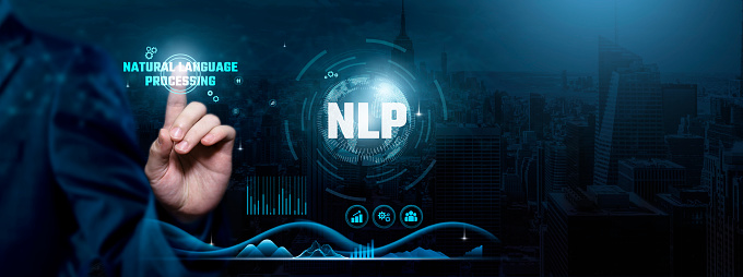 Mastering NLP Natural Language Processing. Cognitive Technology Concept on the Virtual Screen. Enhancing Global Communication and World Map Understanding.