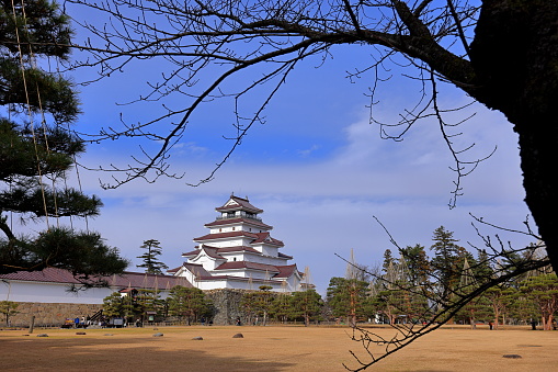 Aizuwakamatsu, Japan- December 31st, 2023: Tsuruga Castle (Wakamatsu castle) a concrete replica of 14th-century castle at Otemachi, Aizuwakamatsu, Fukushima, Japan