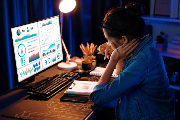 istock Asian influencer wearing headsets on pc business graph screen. Stratagem. 2031636846