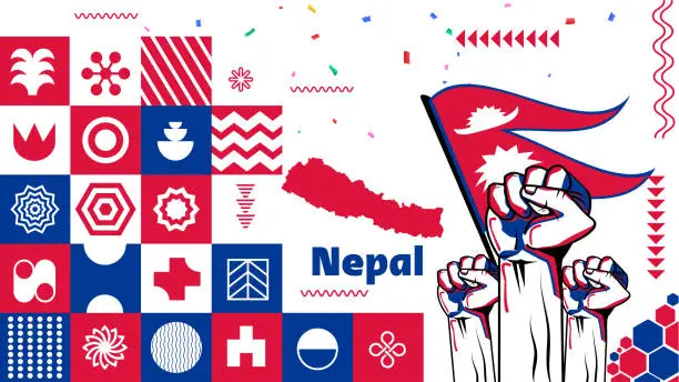 Vector illustration of Nepal National day or Happy Teej Festival banner with abstract shapes. Nepali flag and map. Red blue triangles scheme with raised hands or fists. Mount Everest Kathmandu landmarks. Vector Illustration