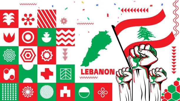 Vector illustration of Lebanon Flag and map with raised fists. National or Independence day design for Lebanese people. Modern red green white traditional abstract background. Lebanon Vector illustration.