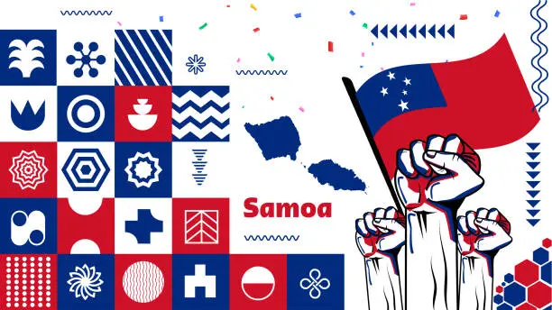 Vector illustration of Samoa national day banner design. Samoan flag theme with white background. Abstract geometric retro shapes of red and blue color. Samoa Vector illustration.