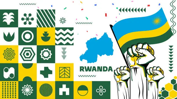 Vector illustration of Rwanda national day banner design. Rwanda flag theme graphic art web background. Abstract celebration geometric triangles, blue yellow green color. Rwandese raised fists Vector illustration.