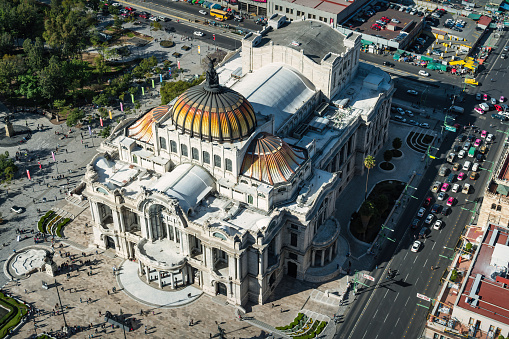The Palacio de Bellas Artes as seen from above on a sunny day.