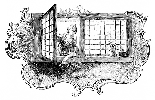 Flowers bloom outside a window and a woman opens the window to look outside. Illustration published 1894. Original edition is from my own archives. Copyright has expired and is in Public Domain.