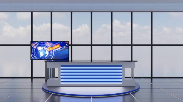 istock blue table and led background in a news studio room.3d rendering. 2031698482