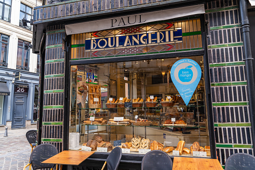 La Flute bakery, St Medard, Latin Quarter, Paris, France. This stylish bakery with highly decorated facade sits on a corner of Rue Daubenton in the Latin Quarter. As capital city of France, Paris offers architecture,design, art and culture that spans many cultures and eras, often defined by the landmarks that remain today to mark the milestones of French life and history.