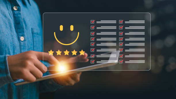 istock Customer Experiences giving five stars opinion review, Client's Satisfaction feedback review concept. Customer service experience and business satisfaction. 2031734735