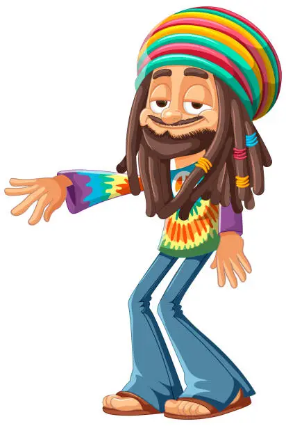 Vector illustration of Smiling Rastafarian man in vibrant attire gesturing.