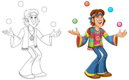 Cartoon hippie character juggling balls, before and after coloring.