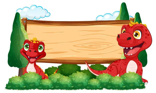 Vector illustration of Two cartoon dragons beside an empty signboard.