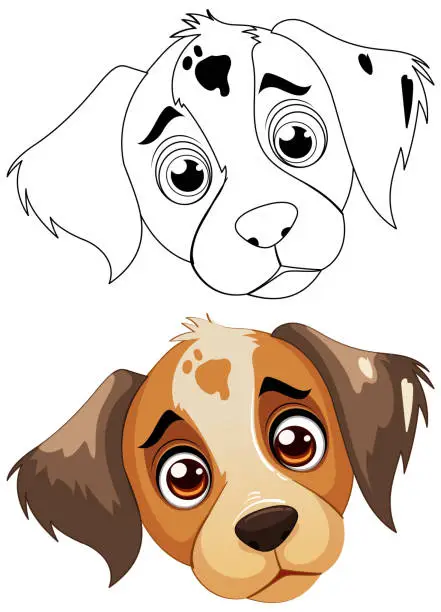 Vector illustration of Two expressive cartoon dog faces, one colored, one outlined.
