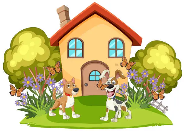 Vector illustration of Two cheerful dogs in front of a small house.
