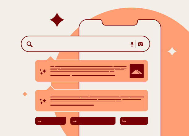 ilustraciones, imágenes clip art, dibujos animados e iconos de stock de concepto de experiencia de búsqueda sge, innovadora tecnología de búsqueda de ia generativa, exploración impulsada por ia, diseño de motores de búsqueda futuros. ilustración aislada vectorial sobre fondo blanco con iconos - motor de búsqueda