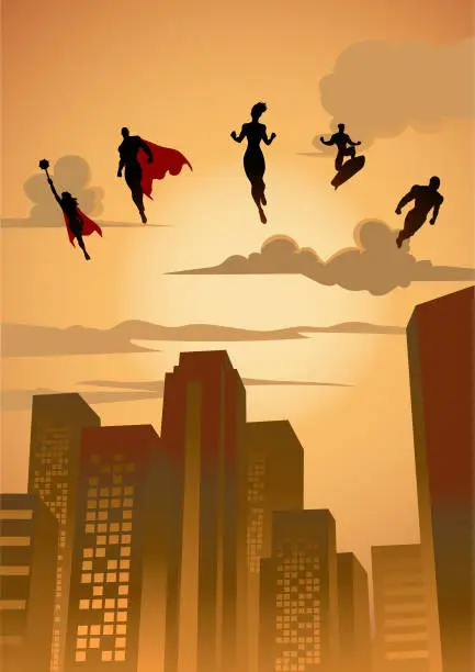 Vector illustration of Vector Superhero Team Silhouette Flying Floating Above City Buildings Stock Illustration