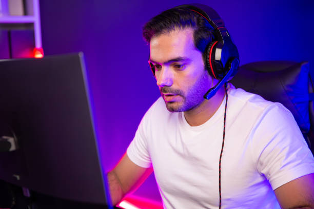 istock Portrait smart streamer talking with team player using headset and mic. Surmise. 2031796388