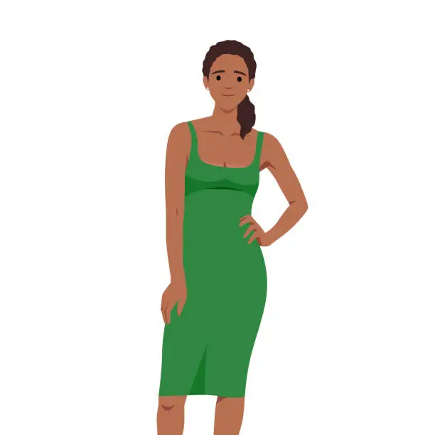 Vector illustration of Vector fashion illustration of a beautiful young woman in a green party dress. Fashion model in a summer outfit