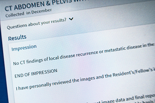 As a real life, real person colorectal cancer tumor (and associated three time major abdominal surgery) survivor, it is always a huge relief to read good news after my annual abdomen, pelvis and chest CAT scans. This is a close-up of a recent CT Abdomen and Pelvis result received online that I photographed from my computer monitor.