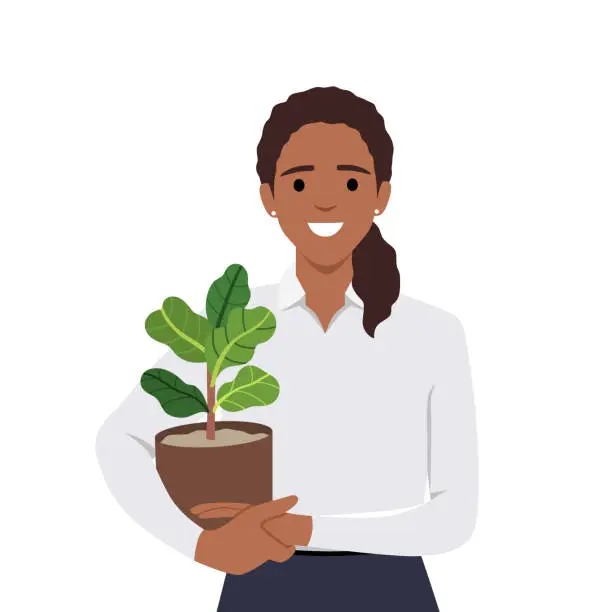 Vector illustration of Young woman in cozy room holds pot with a plant in her hands. Concept of growing and caring house plants. Gardener takes care of the home garden