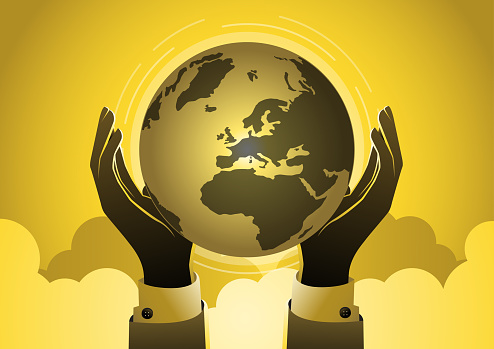 An illustration of businessman holding planet earth with two hands, earth day, environment concept