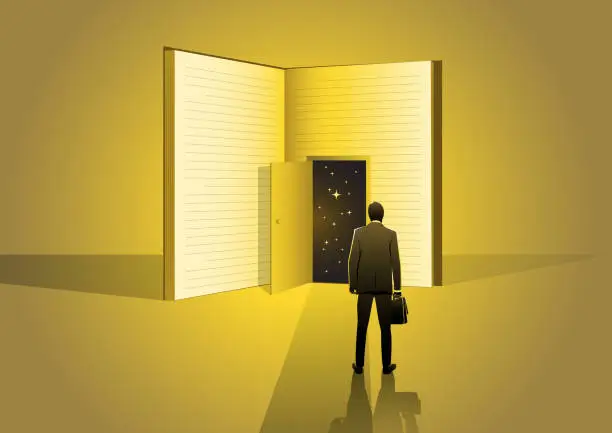 Vector illustration of a businessman standing in front of a huge book with open door