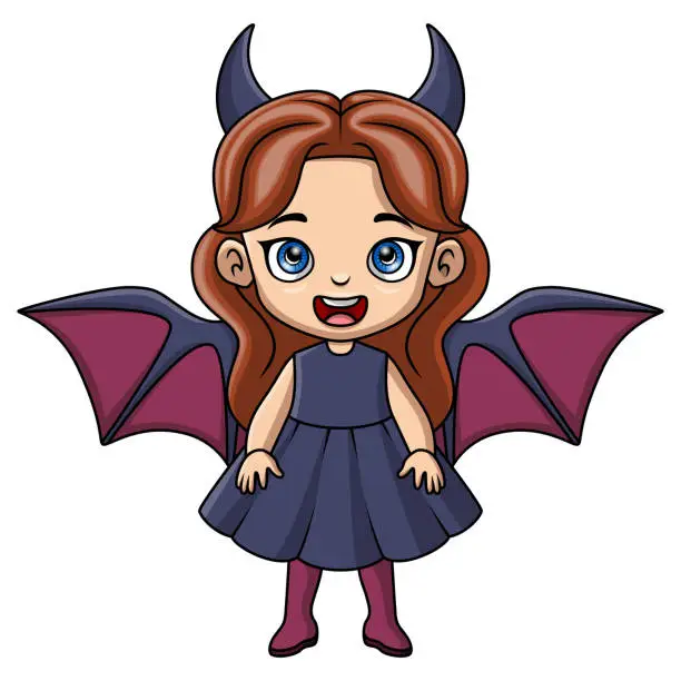 Vector illustration of Cute little girl cartoon wearing halloween bat costume
