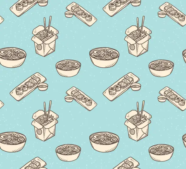 Vector illustration of Vintage Asian food background with noodle and sushi