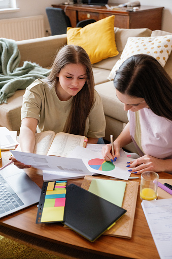 Two young women, aged 20-22, engaged in focused studying together in a comfortable apartment setting, epitomizing the spirit of shared academic endeavors among university friends