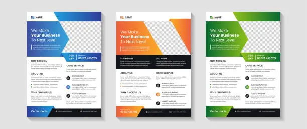 Vector illustration of Corporate business flyer template design with orange, green and yellow color. corporate template, geometric flyer, booklet, cover page.