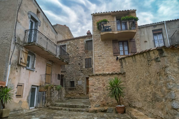 Piana village in Corsica, old houses, in a typical street