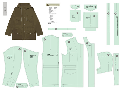 Men vector fashion sewing pattern for a military-style parka. Includes all allowances, featuring upper, lower flap pockets, shoulder straps, placket, hood. M65-inspired. Sizes XL - 2XL.