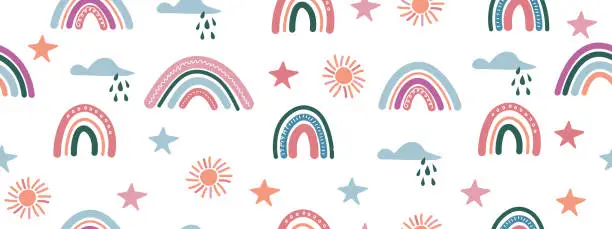 Vector illustration of Seamless pattern with hand drawn rainbows, sun, clouds and stars.