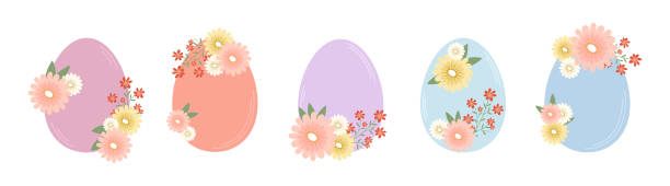 꽃으로 장식 된 부활절 달걀 세트입니다. 파스텔 색상의 부활절 달걀. - easter vector corner nature stock illustrations