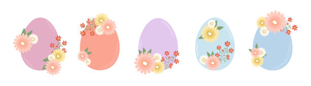 zestaw pisanek ozdobionych kwiatami. pisanki w pastelowych kolorach. - easter vector corner nature stock illustrations