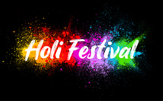 Bright colorful abstract rainbow colored grunge textured paint marks and Holi Festival text on black background vector illustration