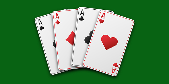Fan of hand playing cards. Four aces with the suit of hearts, clubs, diamonds and spades. Vetor illustration. Poker or casino concept. Green playing table.