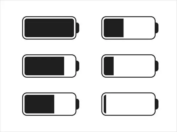 Vector illustration of Level battery energy icon set. Powerfully full and power low up status batteries. Energy reusing concept. Alkaline tags. Battery charging point, charge indicator. Mobile plug. Vector illustration.