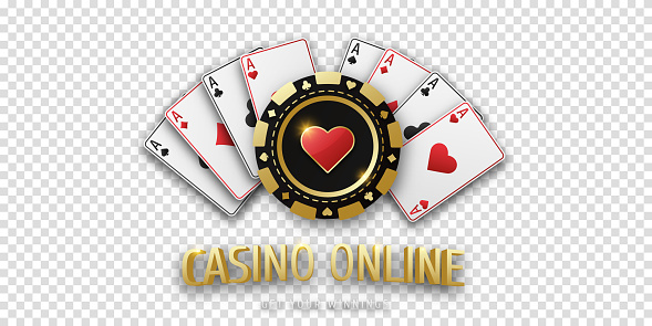 Casino online. Gambling token with suit hearts. Realistic playing chip heart and playing ace cards of all suits. Banner for web app or site. Concept poker or casino. Vector poster for championship.