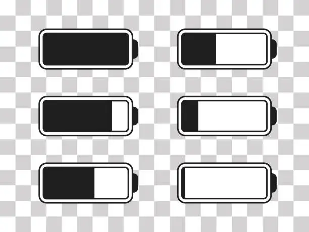 Vector illustration of Level battery energy icon set. Powerfully full and power low up status batteries. Energy reusing concept. Alkaline tags. Battery charging point, charge indicator. Mobile plug. Vector illustration.