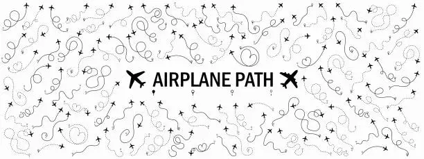 Vector illustration of Airplane or aeroplane routes path big set. Travel concept from start point and dotted line tracing. Aircraft tracking, flight plane path, travel, map pins, location. Vector illustration.