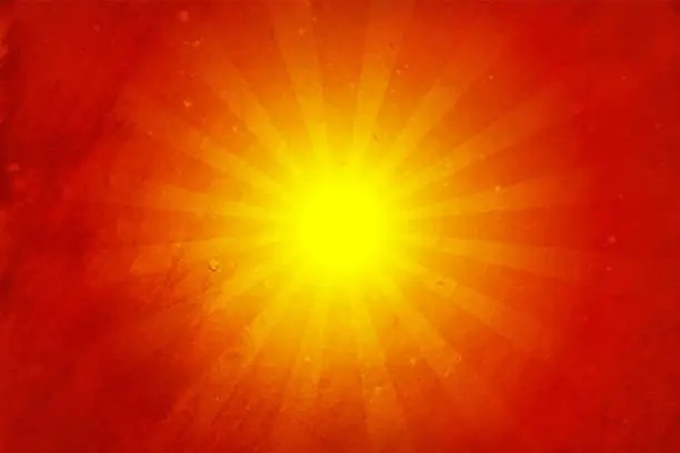 Vector illustration of Bright red orange colored blank empty grunge textured horizontal vector background background with yellow sun burst pattern, like rising sunbeam sunburst like peaceful aura