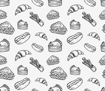 Vintage food seamless pattern with sandwich, hot dog, pretzel, cake and croissant