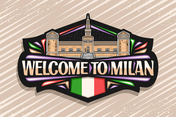 ilustrações, clipart, desenhos animados e ícones de vector logo for milan - italian flag skyline famous place flag
