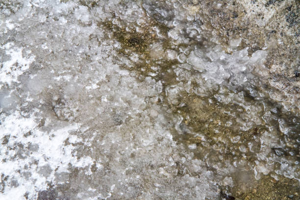 Melted snow and ice in early spring. Texture of wet snow on asphalt.