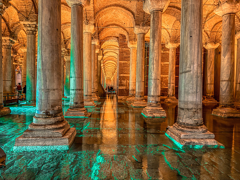 Istanbul, Turkey - February 9, 2024: Built in the 6th century, the Basilica Cistern is the largest ancient underground cistern of the city of Istanbul.