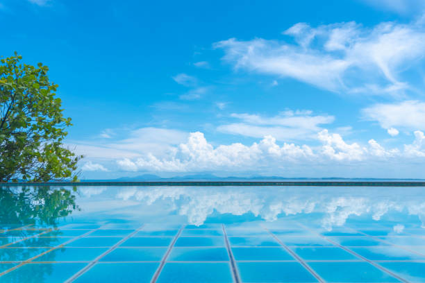 blue sky is reflected in the swimming pool and ocean in the background. no people and copy space
