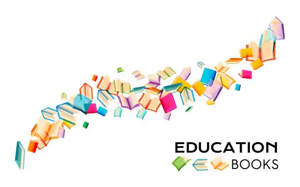 Vector illustration of Books collection. Decoration element from flying different colorful paper books.