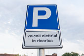 parking veicoli elettrici in ricarica italian text sign means parking of electric vehicles charging ev Station Signage Park lot for electric car in charge