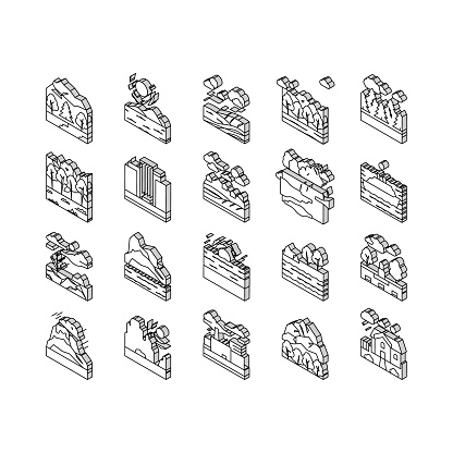 Land Scape Nature Collection isometric icons set. Desert And Forest, Meadow And Industrial Metropolis, Sea And Ocean, Tundra And Taiga Land Line Pictograms. Contour Color .